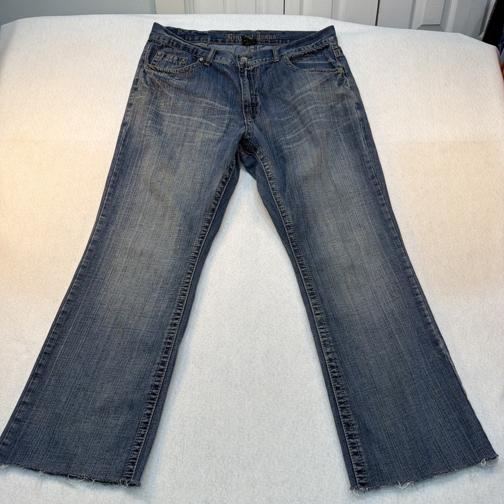 Request Jeans Mens Straight Leg 38x32 Embroidered Medium Wash Denim Raw‎ Hem Y2K